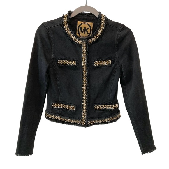 Michael Kors Women’s 0 Black Cropped Denim Jacket Gold Chain Trim Runway Chic - Picture 2 of 8